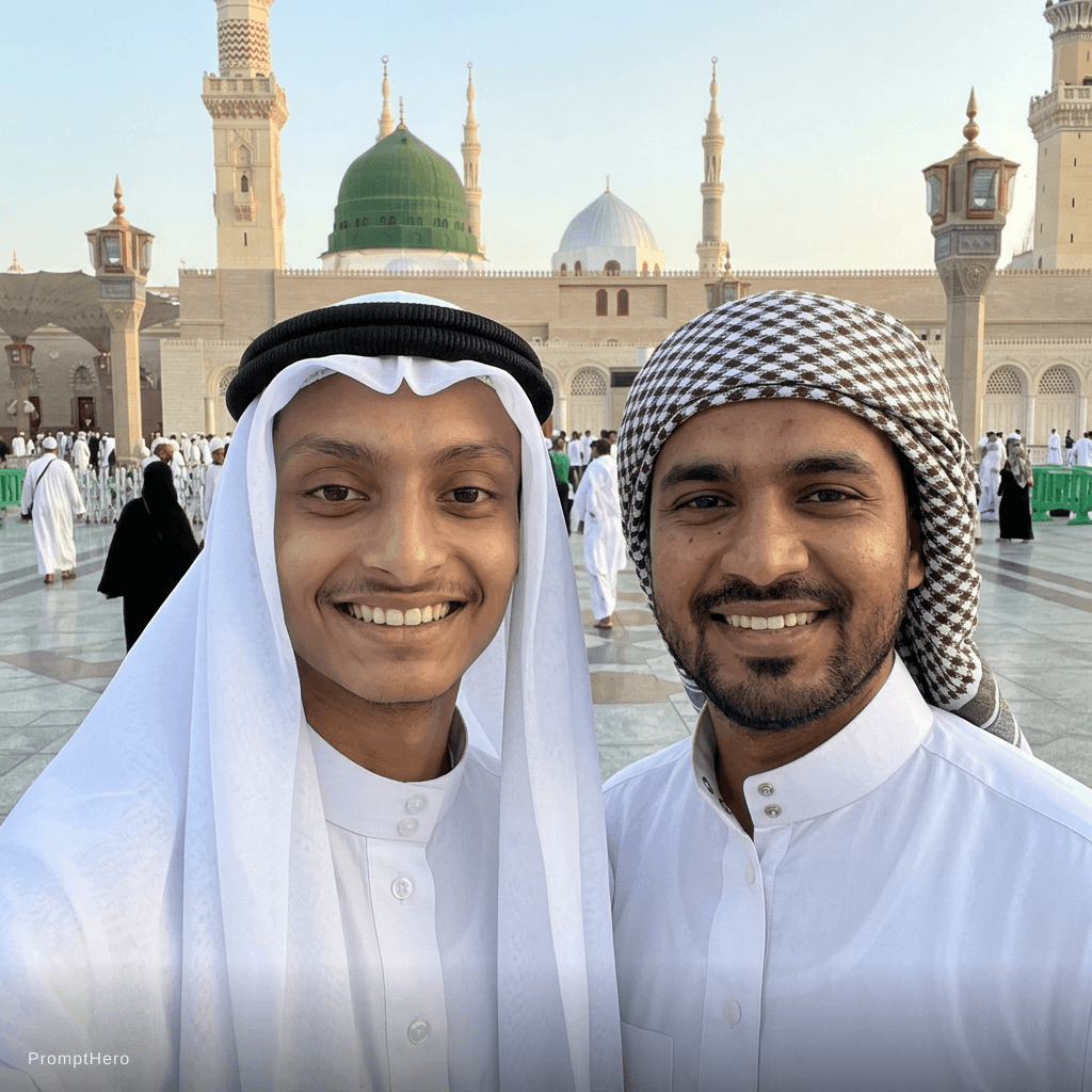 AI generated: I want my photo with a islamic wear and at in front of madina munawaara