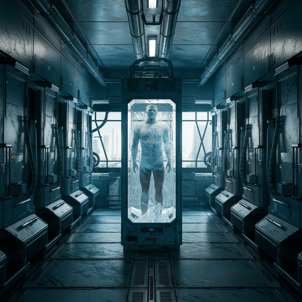 AI generated: A  man, frozen in ice inside an airlock tank, in the middle of a row with other cryo tanks. in a cyb...