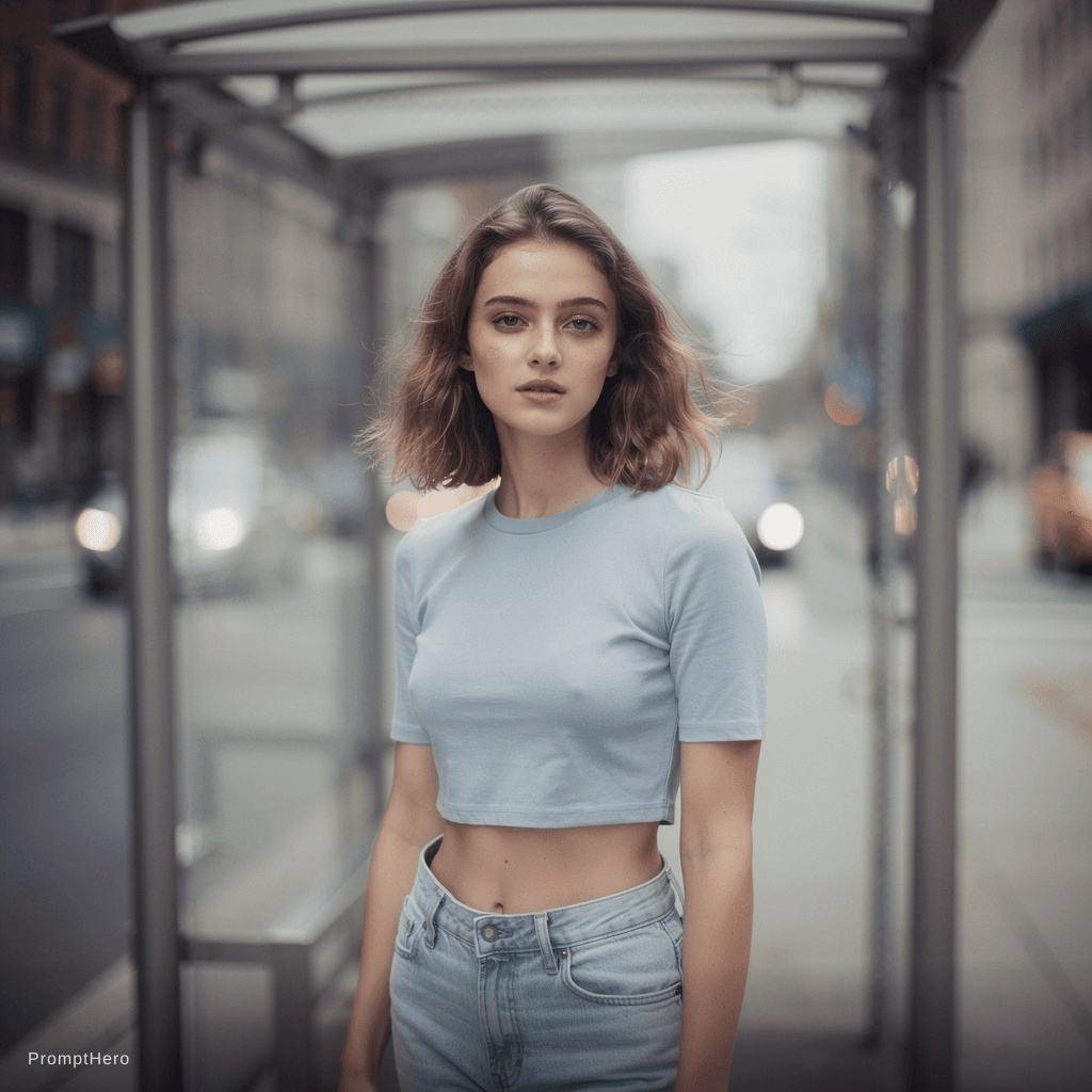 AI generated: a woman wearing a cropped top and jeans standing in front of the bus stop, in the style of Oleg Opri...