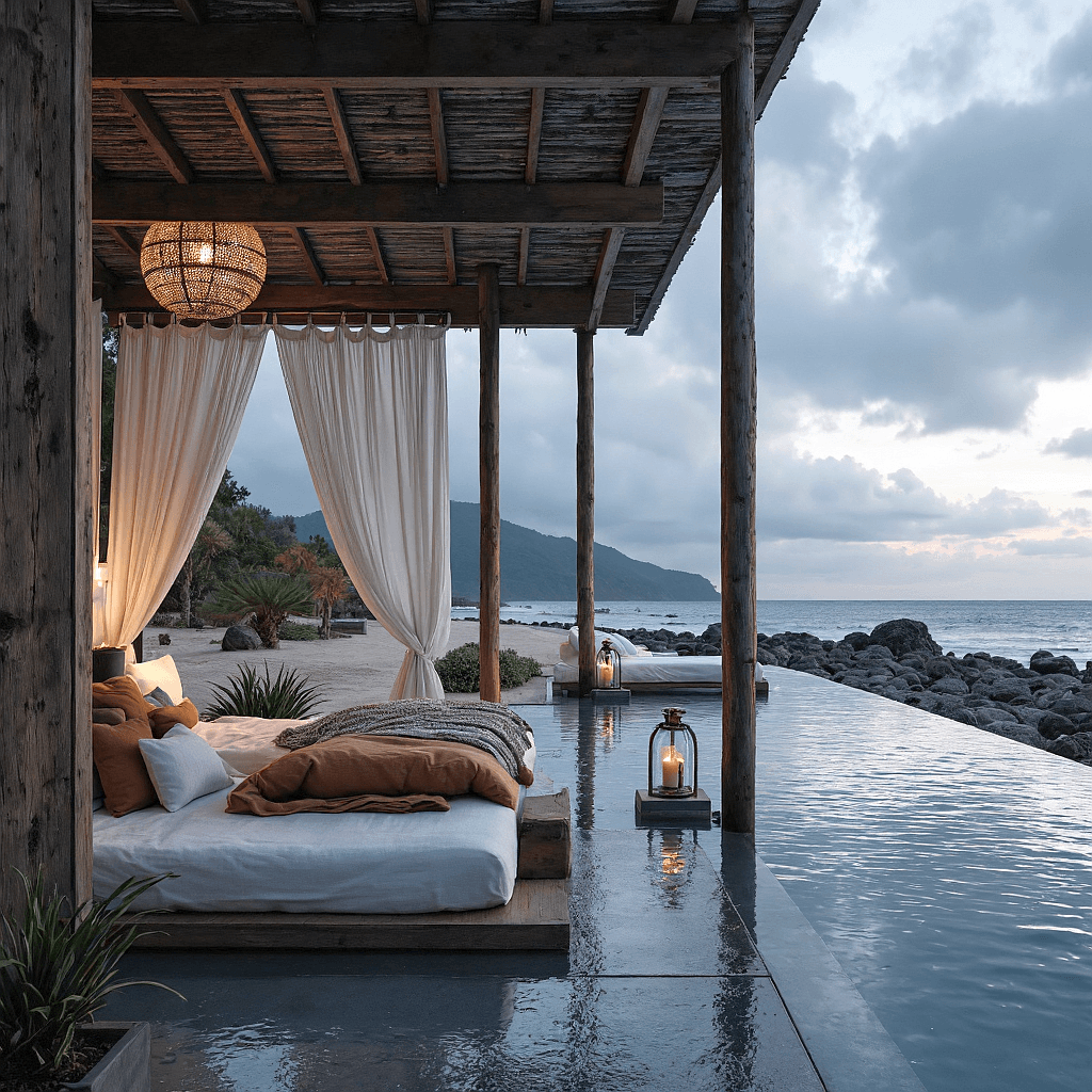 AI generated: A serene coastal lounge under an overcast sky, with thick clouds blanketing the horizon and casting ...