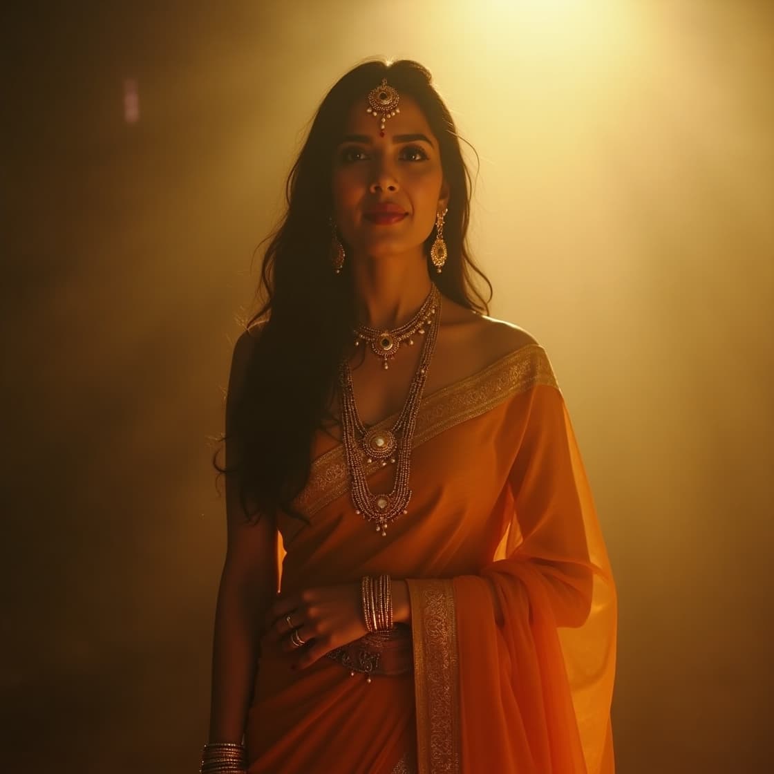 AI generated: A majestic Indian celestial woman in her late 30s, adorned with intricately designed golden jewelry ...