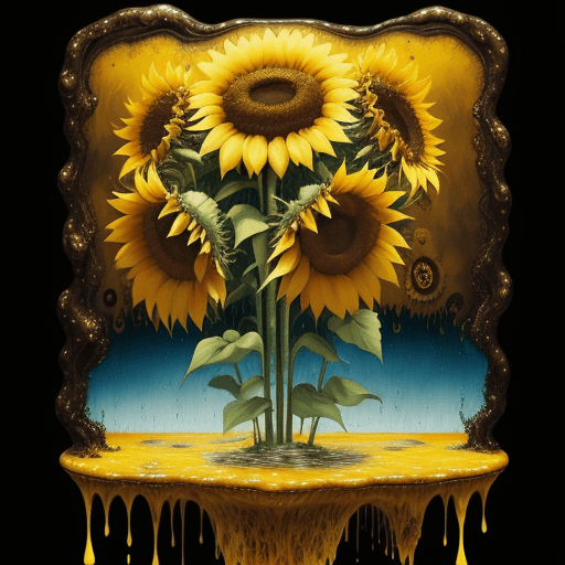 AI generated: a surrealist painting with sunflowers with yellow water dripping all over, in the style of surrealis...