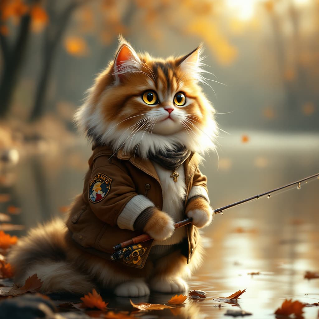 AI generated: A fluffy, long-haired cat with golden brown, white, and black fur, standing upright in an urban envi...