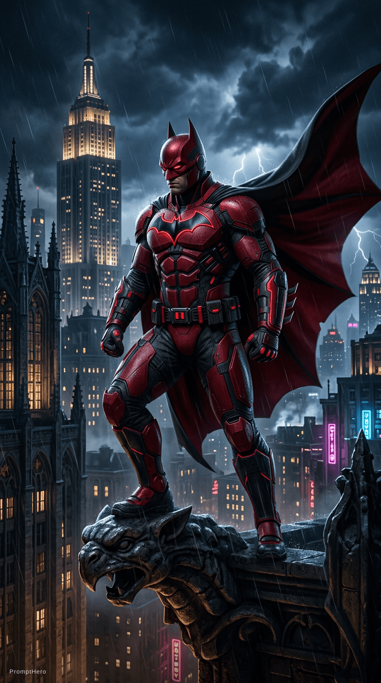 AI generated: Dark Batman in red black combination 