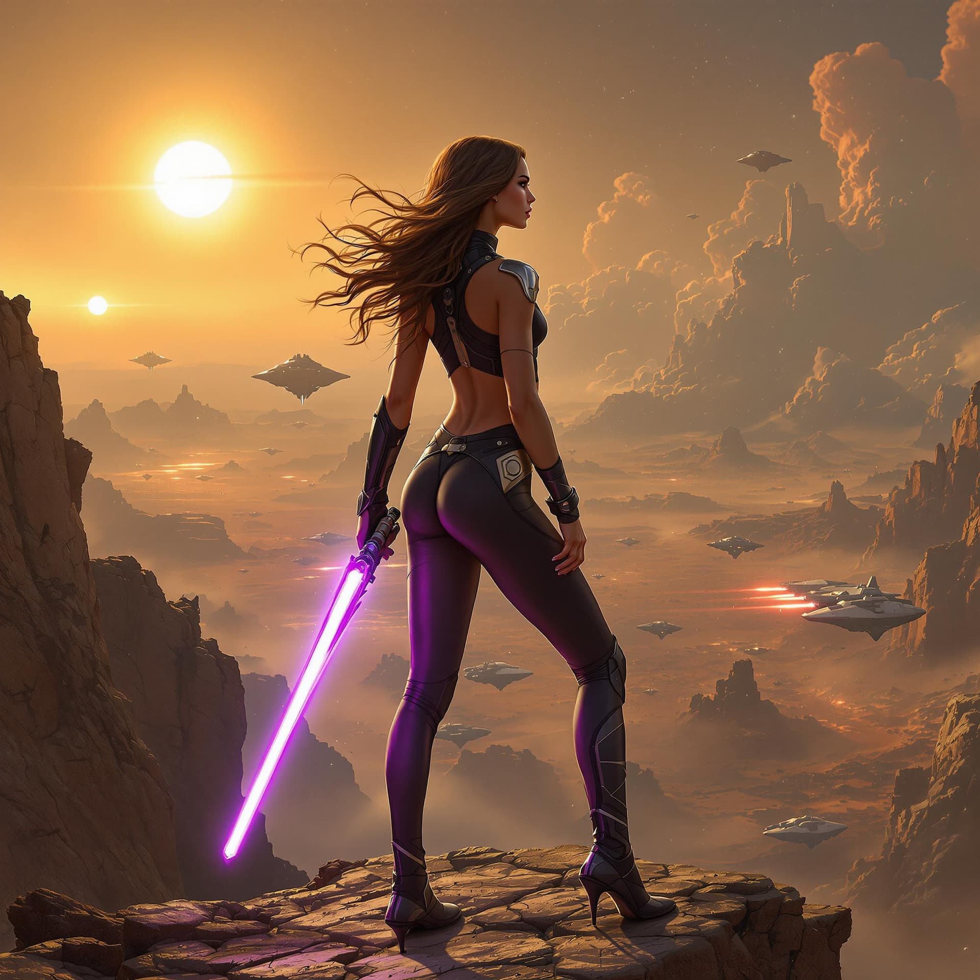 AI generated: A stunning female Jedi Knight stands tall on the edge of a crumbling cliff on a distant alien world,...