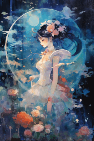 AI generated: Sailor Moon, perfecting magic spells on a crescent moon with tiara on forehead and bow on back, in t...