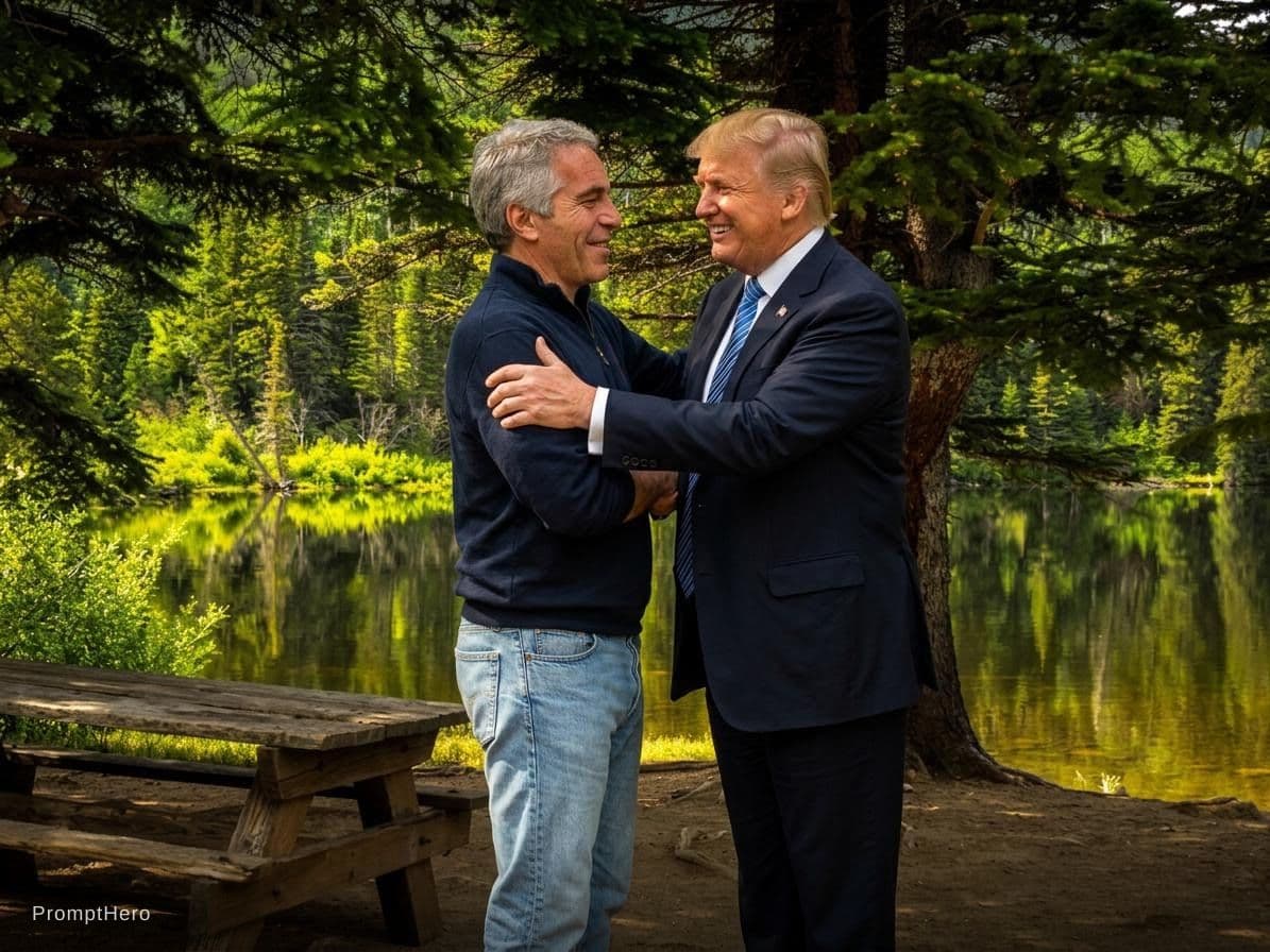 AI generated: Haz a estos dos hombres abrazados de lado y sonriendo en este lugar