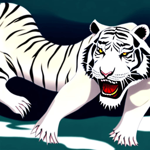 AI generated: a white tiger clawing a fish in the style of anime , plain background --ar 1:1 