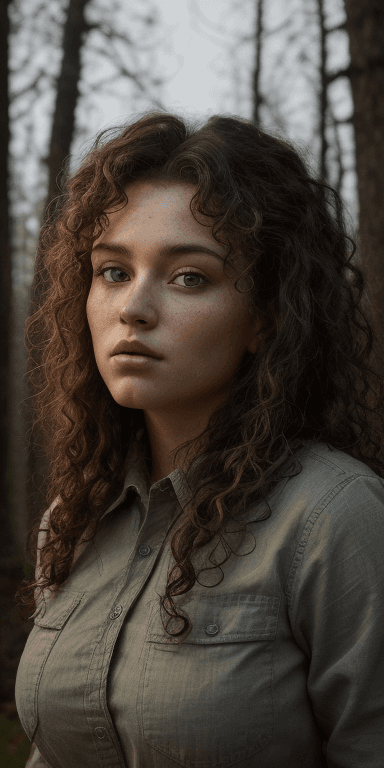 AI generated: Portrait of a lumberjack woman curly hair, wearing a fitted outfit. The scene is illuminated by twil...