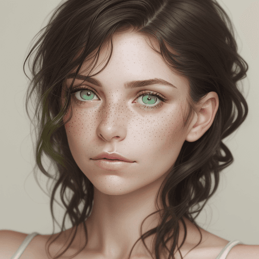 AI generated: Close-up portrait of a woman with green eyes, light freckles, and dark hair styled in loose tendrils...