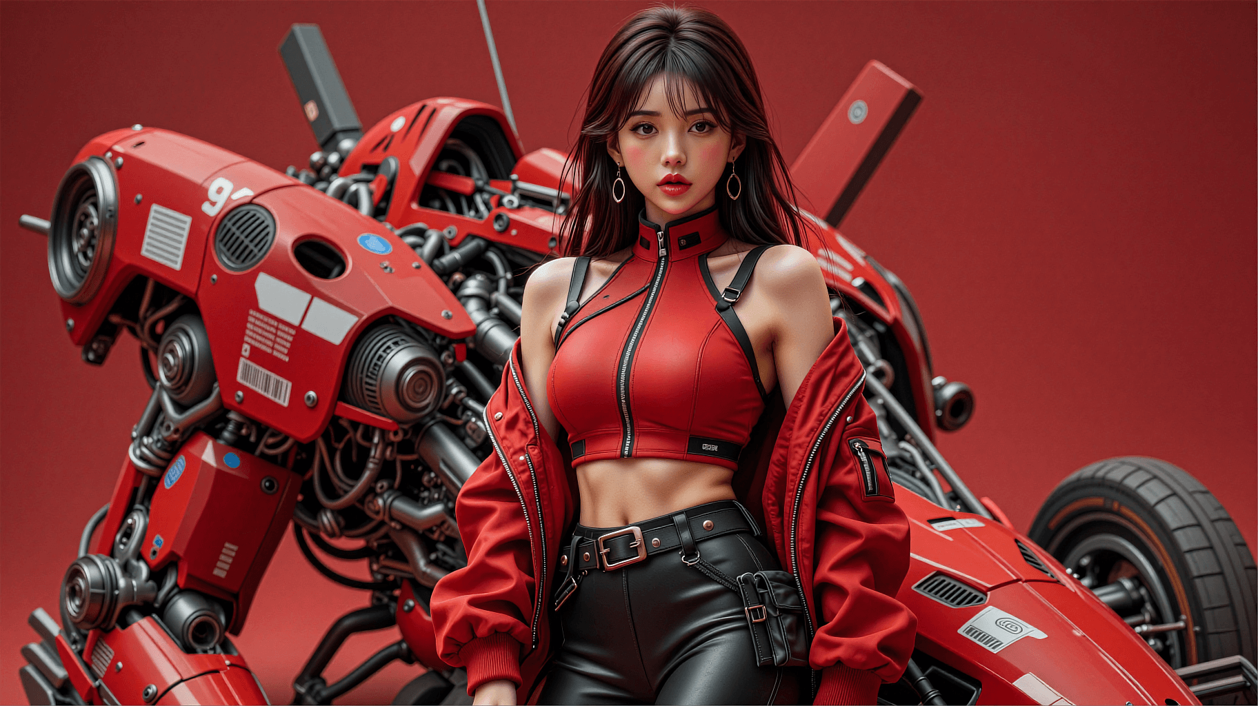 AI generated: The image is a cinematic, wide-angle fashion portrait of a young Asian woman with a cool, "tech-wear...