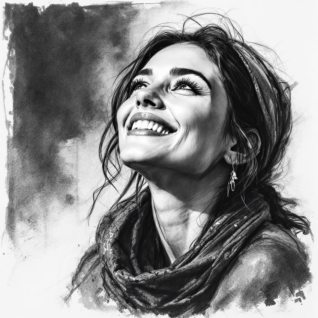 AI generated: Attractive woman, 30s, charcoal sketch, expressive, looking slightly up, wearing a little scarf on h...