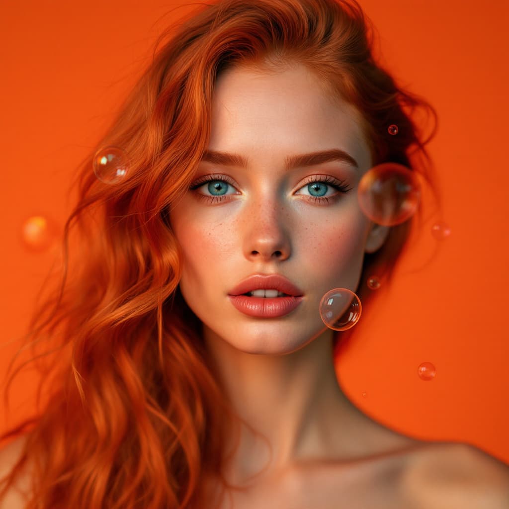 AI generated: photography, orange tone, blue-eyed redhead model, solid orange background, with and small red bubbl...