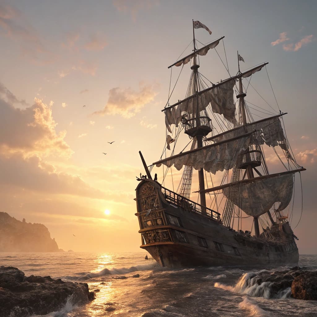 AI generated: Photo of a ultra realistic sailing ship, dramatic light, pale sunrise, cinematic lighting, battered,...
