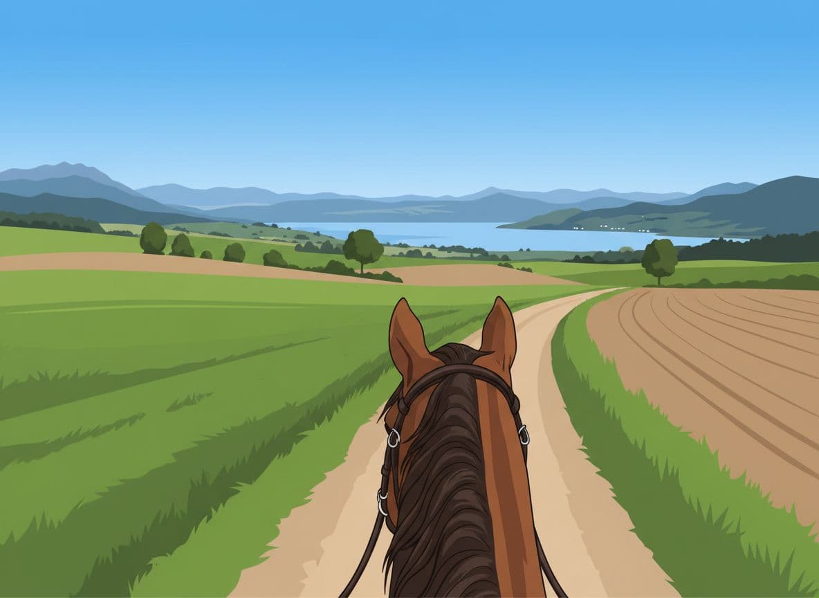 AI generated: tête de cheval bai avec son filet, crinière longue, sur un chemin avec montagne et lac en arrière pl...