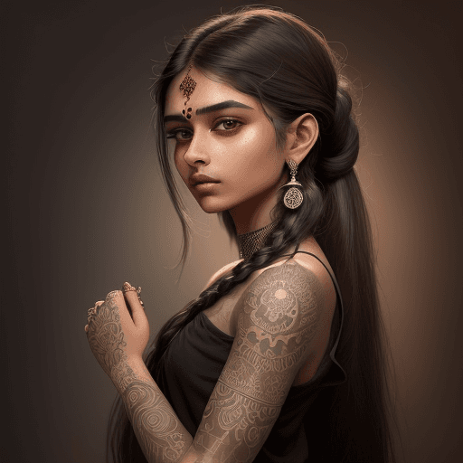 AI generated: A beautiful Indian girl with tattoos, wearing black short sleeves and silver rings in the style of a...