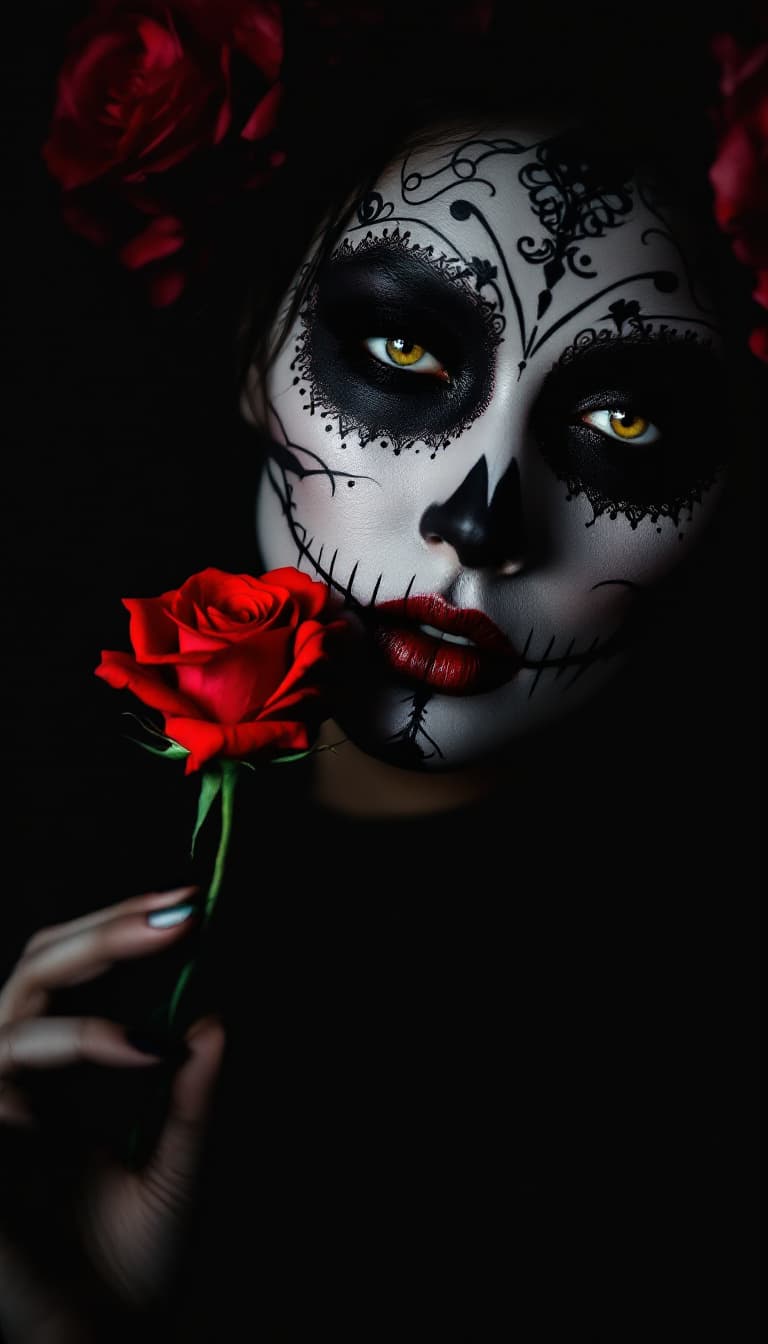 AI generated: A stunning woman with intricate Day of the Dead (Día de los Muertos) makeup, 3/4 view, waist up, hol...