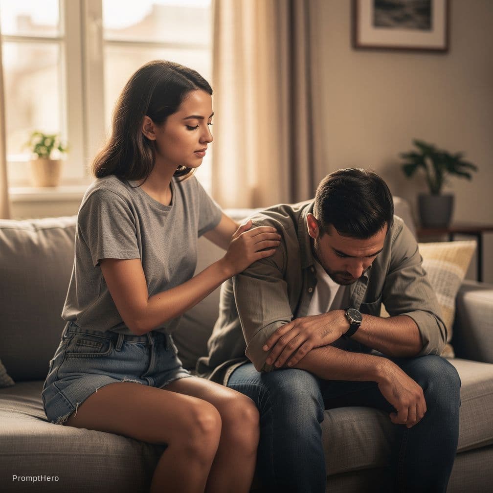 AI generated: A beautiful woman 18 years old in sexy hot pants calming down a man’s penis 
