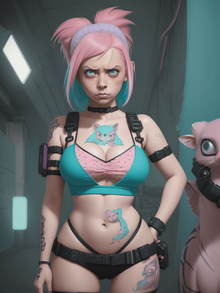 AI generated: An illustration of a quirky girl with pink hair, (saaniya), Scowling,  (cleavage), wide hips, in the...