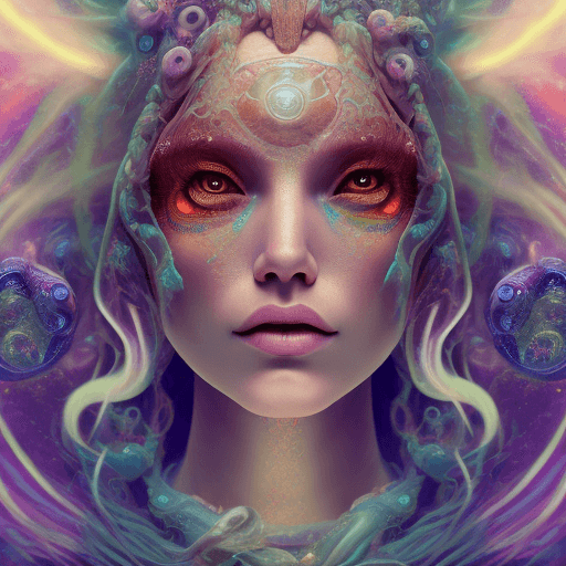 AI generated: Goddess close-up portrait ribcagel. jellyfish phoenix head, nautilus, orchid, skull, betta fish, bio...