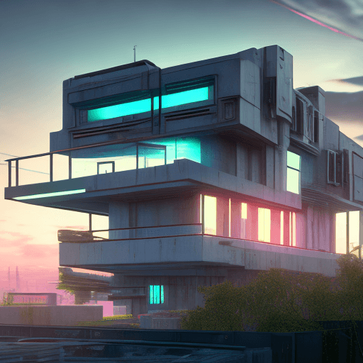 AI generated: Hyper realistic eye level photo of a cyberpunk century modern style house overlooking the horizon, i...