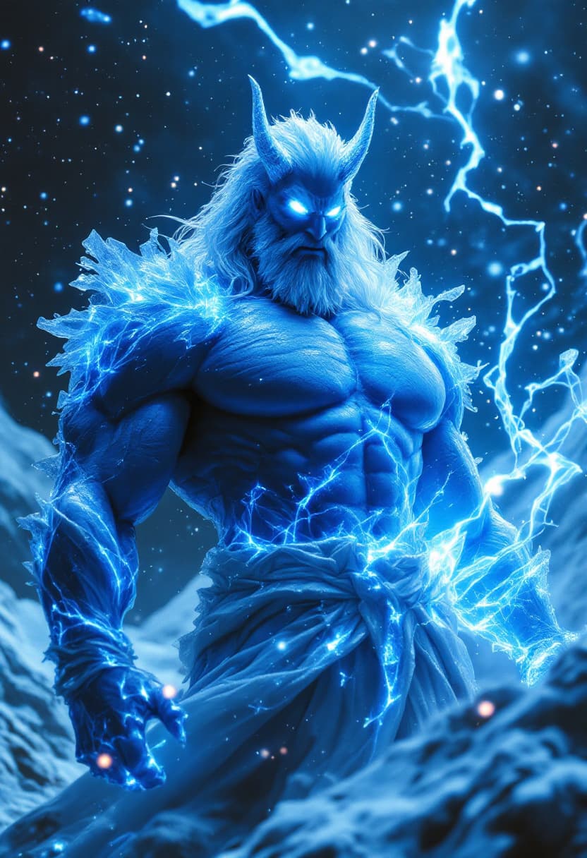 AI generated: God of Ice, full-body, Etherial, muscular, No mouth or hair, Glowing White eyes, epic, cinematic, 8k...