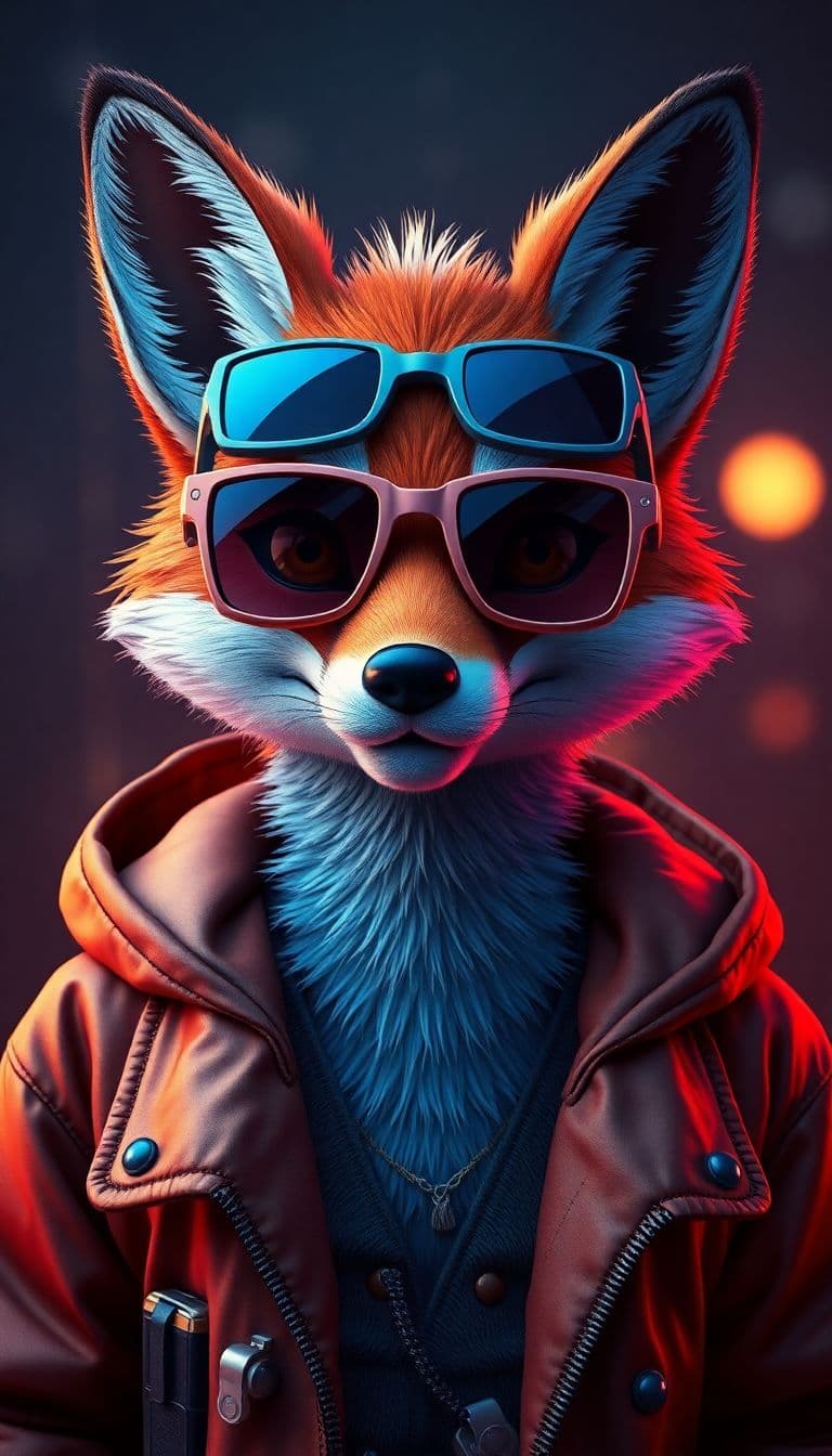 AI generated: portrait of a cartoon fox wearing sunglasses, in the style of vray tracing, neonpunk, photo-realisti...