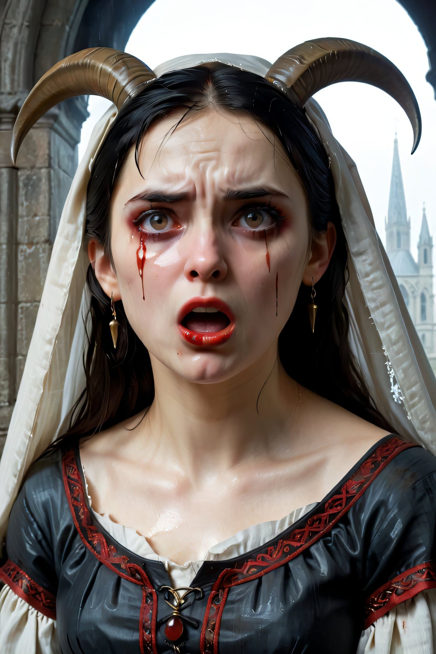 AI generated: realistic epic, Woman crying with (goat horns 1. 2), sad look, deeply sad facial expression, red and...
