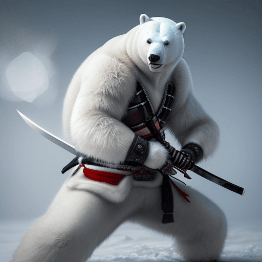 AI generated: photo of a samurai polar bear with a katana in his hands in a fighting stance, Cinematic, 35mm lens,...
