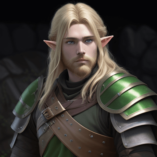 AI generated: 18 year old Half-Elf male from D&D, shaggy long blonde hair, blonde bearded, ranger, black and green...