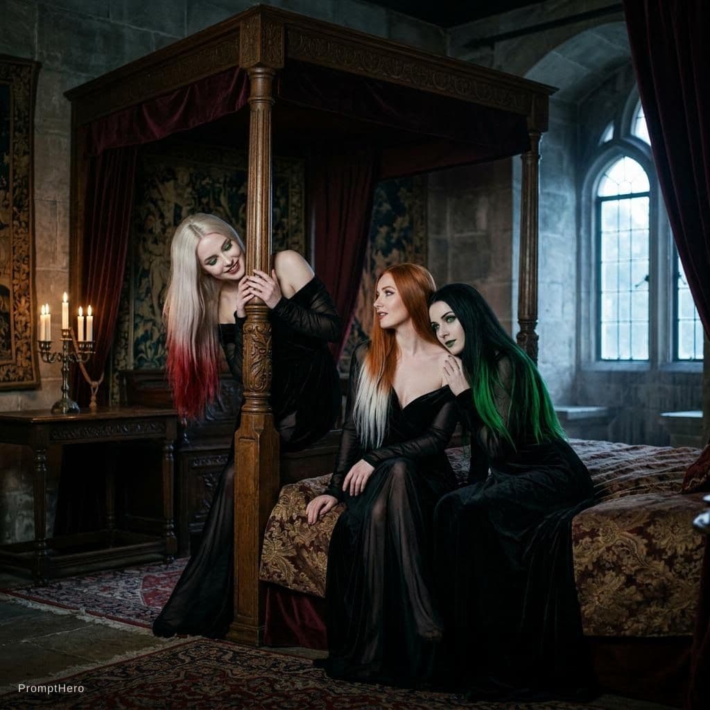 AI generated: Dreamy sensual and playful dark vampire scene in a grand medieval bedroom at night, three beautiful ...