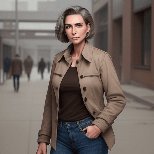 AI generated: Sketch, young beautiful woman, Graying, short hair slicked back that accentuates your big, brown eye...