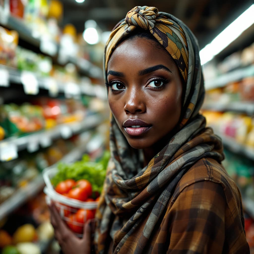 AI generated: Hyper realistic eye photo of dirty attractive black woman with head scarf inside filthy grocery stor...