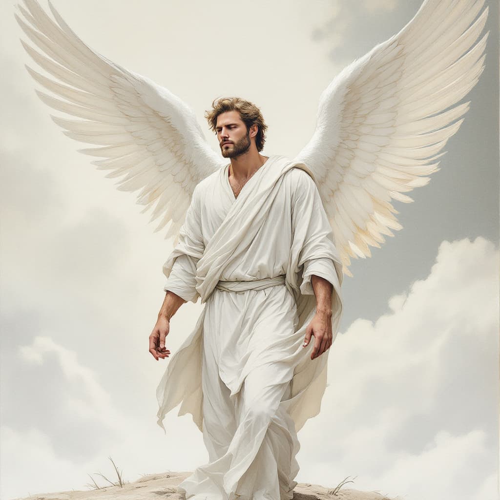 AI generated: an artist's drawing of a male masculine, strong angel with his head bowed, ligght brown hair, no bea...