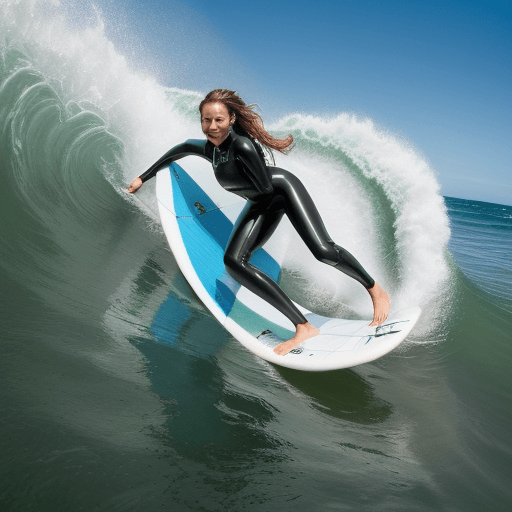 AI generated: The image features a woman riding a wave on a surfboard. The woman is wearing a wetsuit. The surfboa...