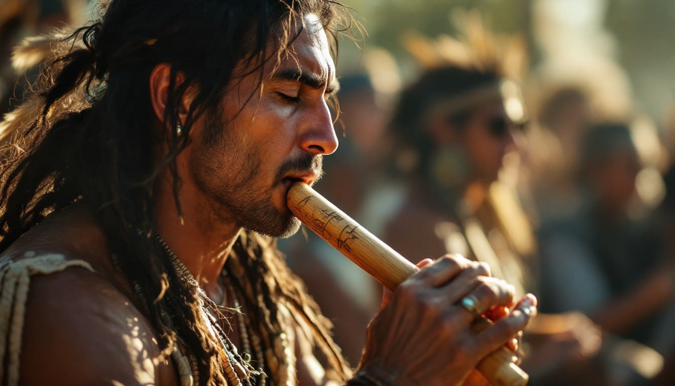AI generated: A man playing a wooden flute, producing a calm and soul-soothing melody.

. Native Americans are gat...