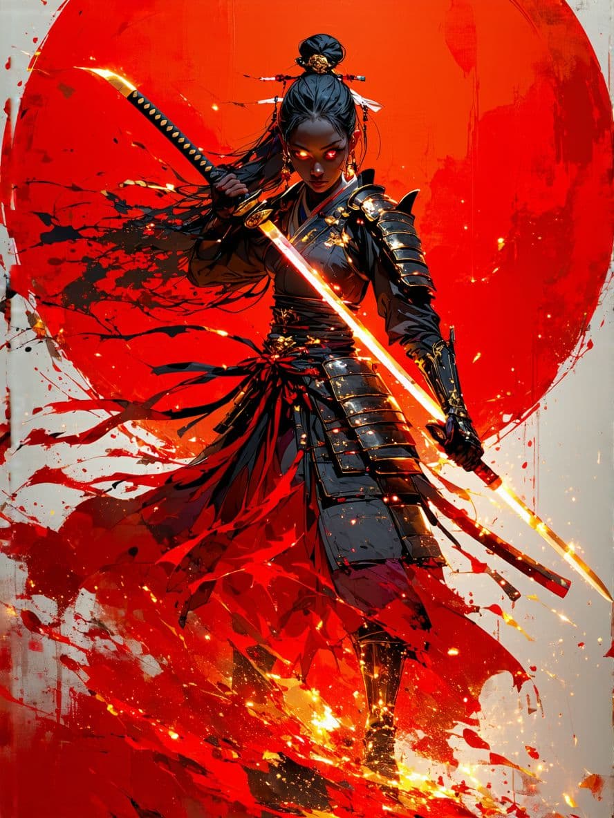 AI generated: A powerful anime-style female warrior, with dark skin, long flowing black hair, and intense glowing ...
