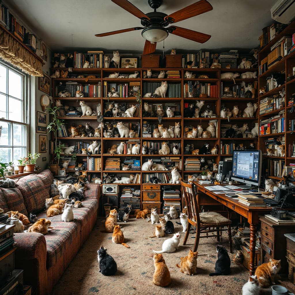 AI generated: A room full of cats all species all over the entire room on shelves bookcases on ceiling fans 