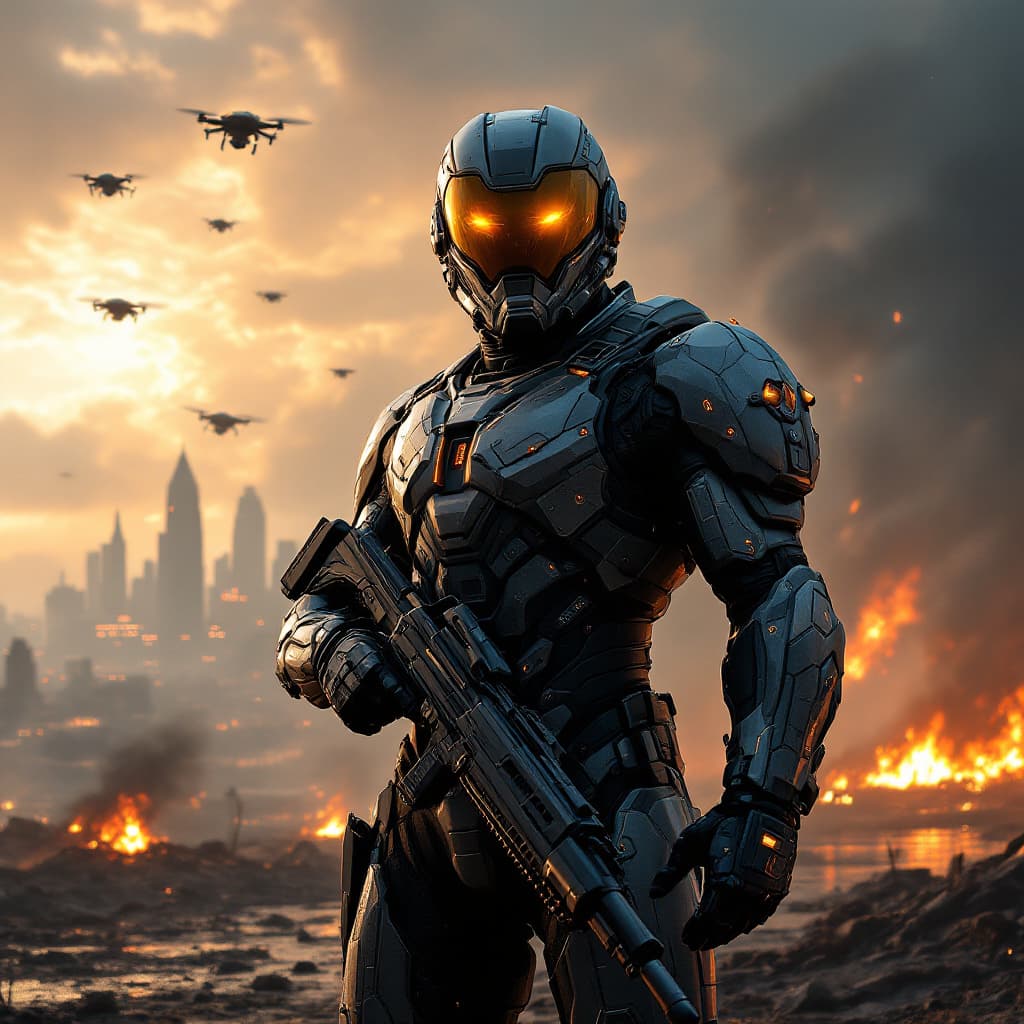 AI generated: (Masterpiece:1.2)| (Best Quality)| UHD| Dynamic Lighting| | Detailed| Sci-Fi Futuristic Soldier with...