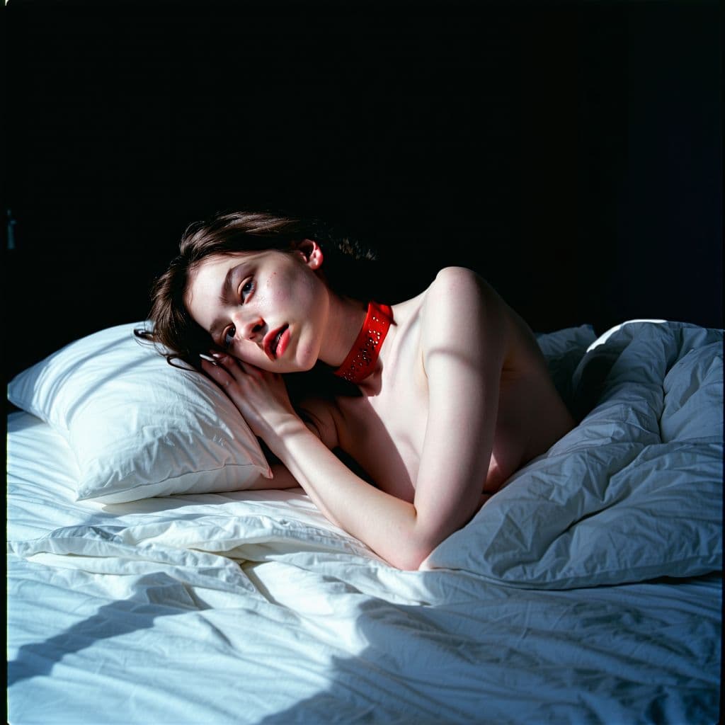 AI generated: (seductive:1.1) (18.3) year old (woman:1.1) (lying:1.1) under the (covers:1.1), (only:1.1) her breas...