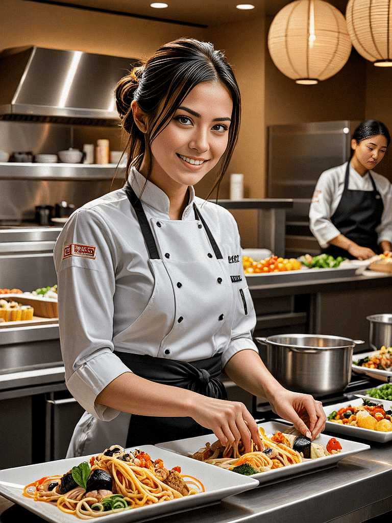 AI generated: In a modern, well-lit kitchen, this young woman is preparing a meal that's a fusion of her diverse b...