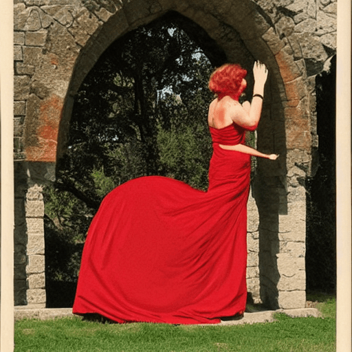 AI generated: a big red cat dressing  a dress in a castle