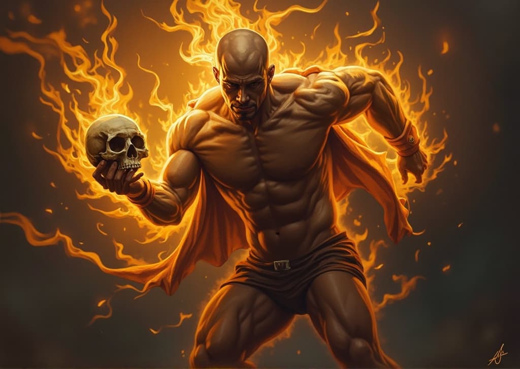 AI generated: A digital drawing of a nude, bald, muscular man with dark skin, suspended in mid-air, surrounded by ...