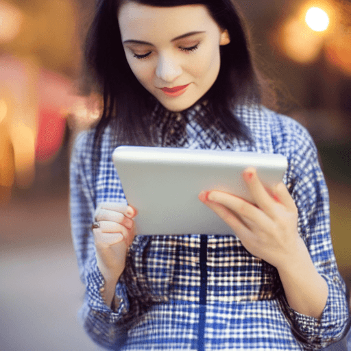 AI generated: Kodak Portra 400, 8k, a pretty lady sitting holding a tablet wearing an elegant plaid dress, outdoor...