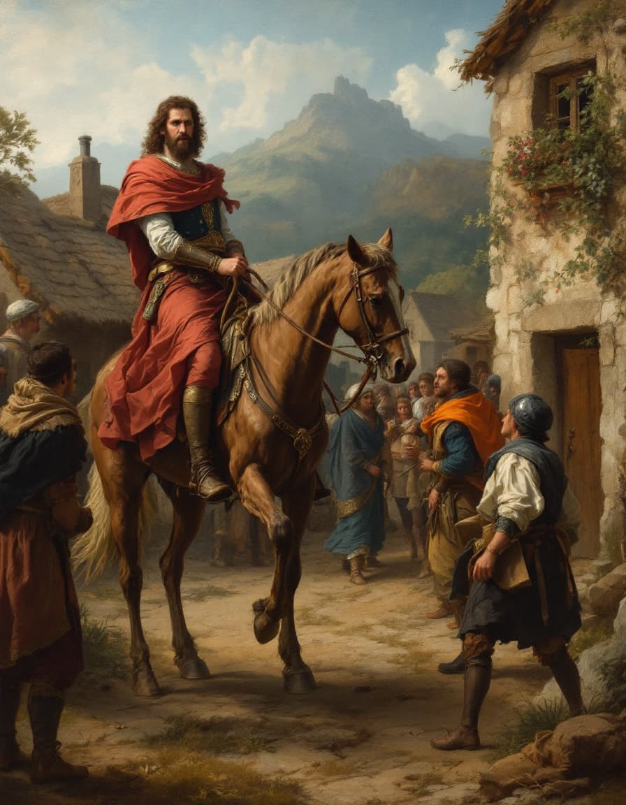 AI generated: in this painting in the style of Joos de Momper an aristocrat arrives in a village on horseback. The...