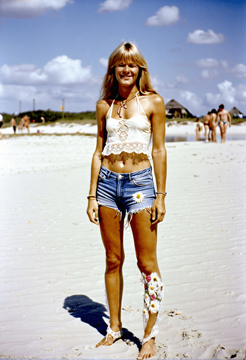 AI generated: Please create a full length photo, in 1970s ABBA style, of a young thin slim smiling flat chested Ag...