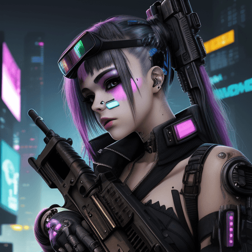 AI generated: cyberpunk girl, p90 smg, barcode on cheek
