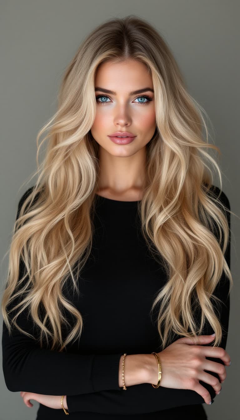 AI generated: A woman with long, wavy light golden hair, parted in the center, wearing a black long-sleeved top an...