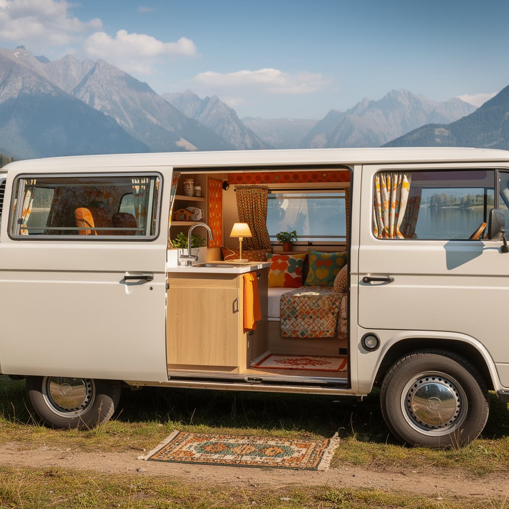 AI generated: ealistic image of a white van parked in nature, fully visible and centered in the frame. The side sl...