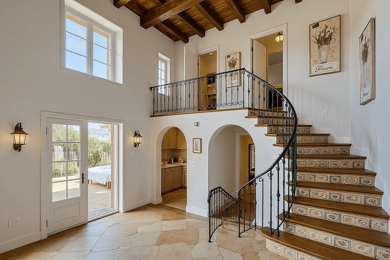 AI generated: Wrought iron banister and staircase with wooden treads and Andalusian tiles on risers, ,a Kitchen, b...